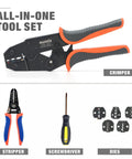 Crimp Like A Pro Wire Crimping Tool Kit with wire stripper, ratchet action, 5 interchangeable dies for insulated terminals