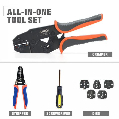 Crimp Like A Pro Wire Crimping Tool Kit with wire stripper, ratchet action, 5 interchangeable dies for insulated terminals