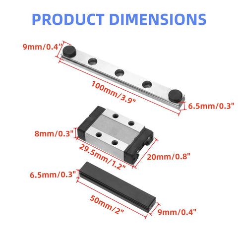 100 Mm MGN9 Linear Guide Rail With MGN9C Sliding Carriage Block dimensions, showcasing sizes in mm and inches for precise 3D printer setups.