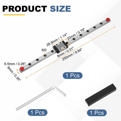 Ultra-Smooth Mgn9C 250mm Linear Sliding Rail Guide With Matching Carriage Block for CNC Routers, showing size dimensions and hex wrench.