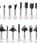15 Piece One Quarter Inch Shank Tungsten Carbide Router Bit Set with various profiles and sizes shown on display