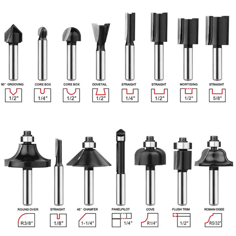 15 Piece One Quarter Inch Shank Tungsten Carbide Router Bit Set with various profiles and sizes shown on display