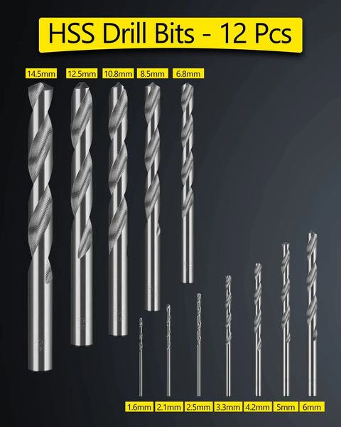 Set of 12 HSS drill bits with varying sizes for Drill And Tap Set Kit Metric HSS Taps M2 To M16 With Matching Jobber Length Drill Bits 24 Pcs