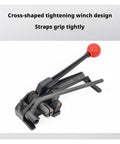 Heavy Duty Manual Strapping Machine Kit With Ratchet Tensioner And Sealer For Steel Pet Pp Bands showing cross-shaped tightening winch design.