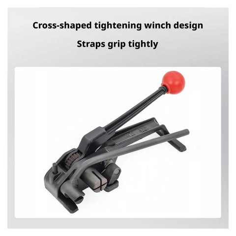 Heavy Duty Manual Strapping Machine Kit With Ratchet Tensioner And Sealer For Steel Pet Pp Bands showing cross-shaped tightening winch design.
