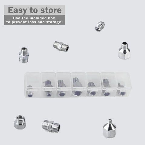 Seven Piece Airbrush Adapter Kit With Multi Size Fittings Including 1/8 In, 1/4 In And M5 BSP Threads in transparent case