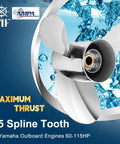 Stainless Steel Boat Propeller 13 1/4 Inch Diameter 17 Inch Pitch Right Hand 3 Blade 15 Tooth Gearcase 4 1/4 Inch OEM 6E5-45945-01-EL Compatible For 60 To 115 HP Outboard Motors showcasing polished finish and 15 spline tooth.