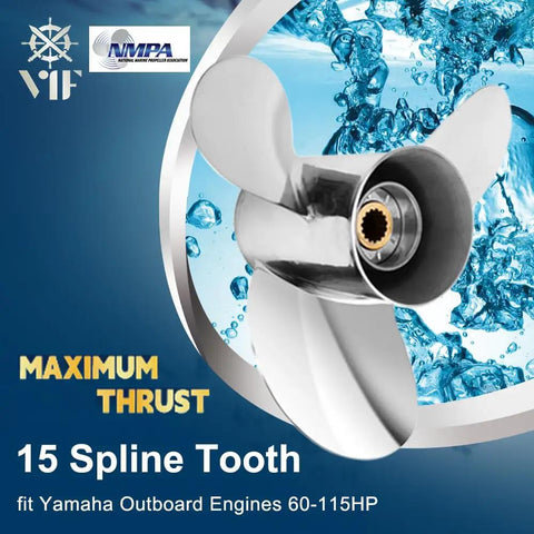 Stainless Steel Boat Propeller 13 1/4 Inch Diameter 17 Inch Pitch Right Hand 3 Blade 15 Tooth Gearcase 4 1/4 Inch OEM 6E5-45945-01-EL Compatible For 60 To 115 HP Outboard Motors showcasing polished finish and 15 spline tooth.