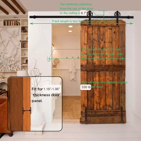 20Ft Heavy Duty Sliding Barn Door Hardware Kit For Smooth Quiet Operation With Big Spoke Wheel Hanger installed on a wooden door