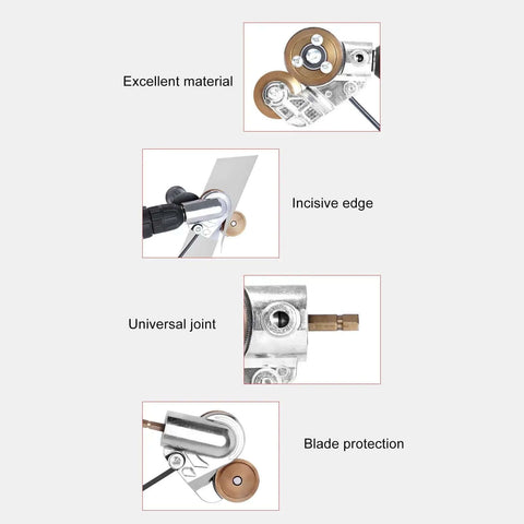 Drill Plate Cutter Attachment For Metal Shears with incisive edge, universal joint, and blade protection in detailed parts view