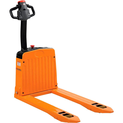 Heavy Duty Four Thousand Lb Self Propelled Electric Pallet Jack With 27 By 45 Inch Stainless Forks And Polyurethane Wheels, orange design.