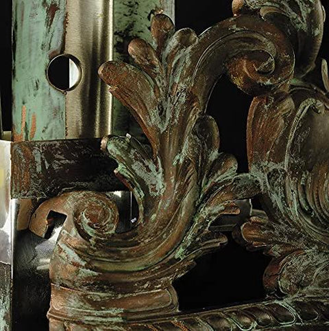 Pebeo Gilding Wax close-up of decorative metal scrollwork with green patina and gold highlights