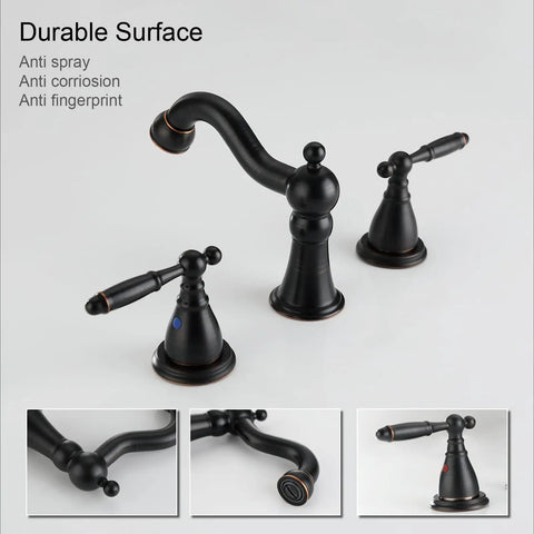 Slick Oil Rubbed Bronze 8 Inch Widespread Bathroom Sink Faucet With Drain, Double Lever Handle, 3-Hole Mount, Classic ORB Vanity Faucet For Basin, Durable Finish And Easy Install
