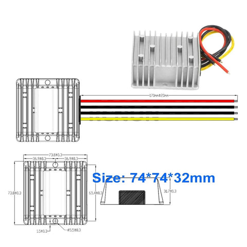 Heavy Duty DC DC Step Down Converter Buck Module, 74x74x32mm, designed for electric vehicles with high thermal dissipation.
