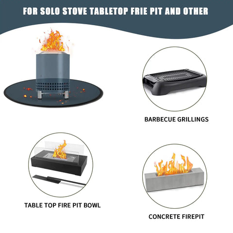 Collage of tabletop cooking devices on a 20 Inch Fire Pit Mat For Tabletop Grills And Stoves Triple Layer Fireproof Heat Resistant