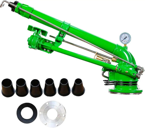 Rotary Sprinkler With Pressure Gauge Beast Coverage, 2 Inch Farm Irrigation Spray Gun, 360 Degree Large Area Watering For Farm Lawn Garden Farmland Industrial Dust Removal with interchangeable nozzles and base flange