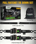 Badass Slick Retractable Ratchet Tie Down Straps For Pickup And Atv Heavy Duty 2 Inch By 15 Foot set with storage bag and soft loops.