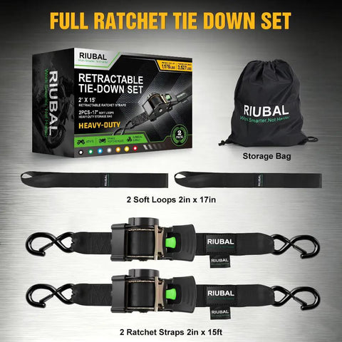 Badass Slick Retractable Ratchet Tie Down Straps For Pickup And Atv Heavy Duty 2 Inch By 15 Foot set with storage bag and soft loops.