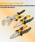 Close-up of three professional pliers set, drop-forged and nickel-plated, showcasing durability and corrosion resistance.