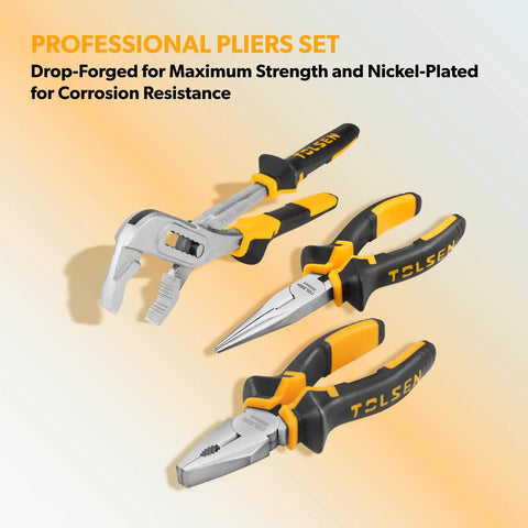 Close-up of three professional pliers set, drop-forged and nickel-plated, showcasing durability and corrosion resistance.