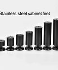 Seven round black stainless steel cabinet feet of varying heights, modern look, sturdy support