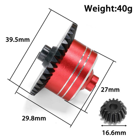 Beefed Up 7075 Aluminum Differential Case With Hardened 45 Steel Differential Spur Gear And Bevel Gear, dimensions listed.