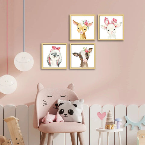 Framed Woodland Nursery Wall Decor 10x10 Inch Cute Baby Wall Art For Kids Safari Animals Artwork Prints 4 Pack Playroom Bedroom Baby Shower Decoration in pink room.
