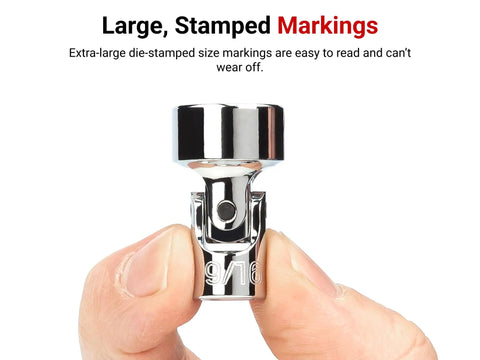 Close-up of hands holding Three Eighths Inch Drive Shallow Six Point Universal Joint Socket For Tight Spaces 10 mm Size