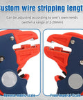 Close-up of 2 In 1 Self Adjusting Wire Stripper And Cutter With Depth Stop Automatic Wire Stripping Pliers showing metric and imperial scales.