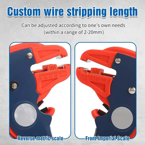 Close-up of 2 In 1 Self Adjusting Wire Stripper And Cutter With Depth Stop Automatic Wire Stripping Pliers showing metric and imperial scales.