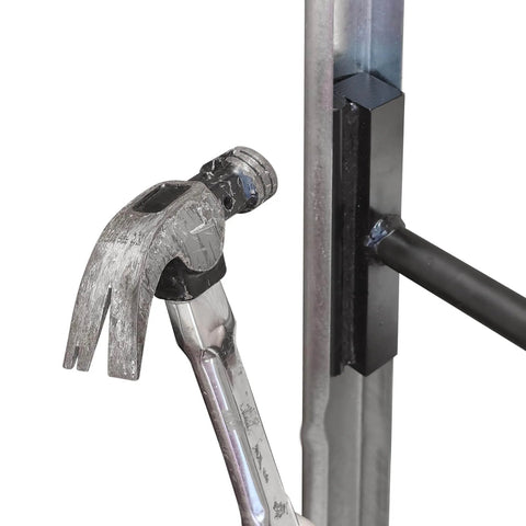 Vertical Track Repair Tool Set for Garage Doors with Heavy Duty Anvil Tools Exclusively Designed for 2 Inch Roller Track Rails Maintenance and Replacement Kit to Keep Doors Smooth Quiet and Easy to Access for DIY Homeowners showing steel tool on metal rail.
