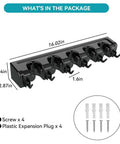 Heavy Duty Broom Holder Wall Mount Organizer 2 Pack With 5 Adjustable Slots And 6 Foldable Hooks, dimensions and screws shown
