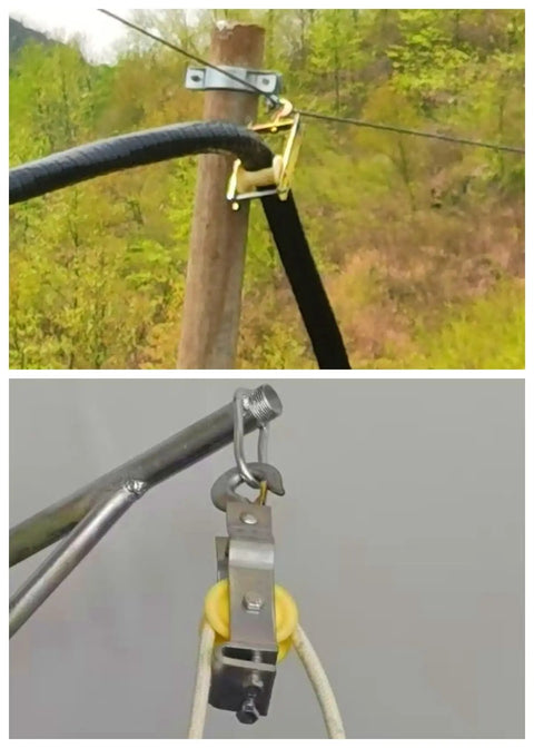 Workhorse Heavy Duty Cable Pulley Bracket for Low Voltage and Network Installations with nylon wheel and swivel snap hook in use