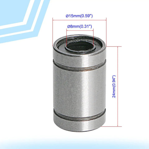 LM8UU Linear Motion Ball Bearing 8mm ID 15mm OD 24mm Length with 4 Rows Steel Balls for CNC Machines and 3D Printers