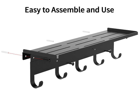 Wall Mounted Shelf With Five Metal Hooks, 17 Inch Coat Rack Organizer for Entryway, shown in black finish with guardrail edges.