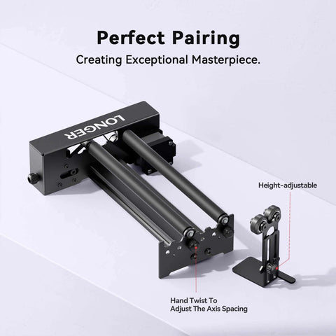 Longer laser engraver rotary roller with bracket for cylindrical objects; black metal, Y-axis, 360° rotation