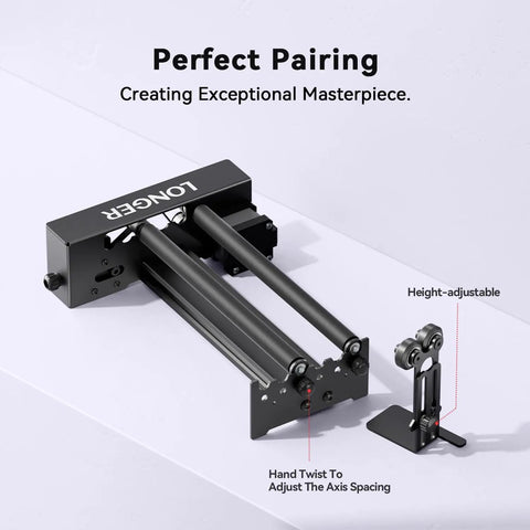 High Performance 360 Rotary Attachment For Laser Engraver showing height-adjustable rollers for precise engraving on tubular jobs.