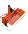 Three Point Hitch Rotary Tiller For Tractors With 41.34 Inch Working Width, 540 RPM PTO Drive, CAT I Compatible, orange color, dimensions shown