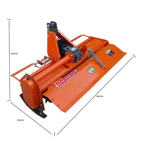 Three Point Hitch Rotary Tiller For Tractors With 41.34 Inch Working Width, 540 RPM PTO Drive, CAT I Compatible, orange color, dimensions shown