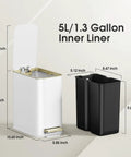 White 5L Slim Stainless Steel Trash Can with Gold Trimmed Lid, shown open with black removable inner bucket, dimensions shown.