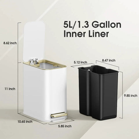 White 5L Slim Stainless Steel Trash Can with Gold Trimmed Lid, shown open with black removable inner bucket, dimensions shown.