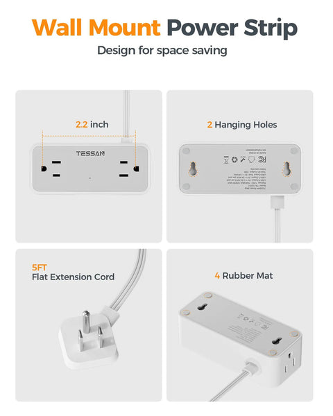 Premium 5 Ft Extension Cord Power Strip With Hella Good 900 Joule Surge Protection, flat design, 4 AC outlets and USB ports.