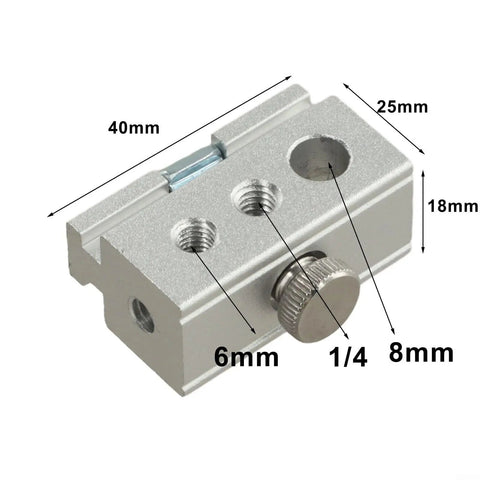 Top Shelf Aluminum Table Clip Slider With Three Hole Slide Frame For Six Mm Eight Mm And One Quarter Inch Gear No Sweat Campground Desk Mount in silver, measuring 40x25x18mm.