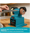 Close-up of Cordless 200W Electric Bench Grinder With Dual Polishing Wheels sharpening a knife, highlighting protective cover.