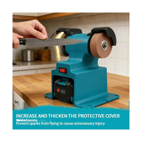 Close-up of Cordless 200W Electric Bench Grinder With Dual Polishing Wheels sharpening a knife, highlighting protective cover.