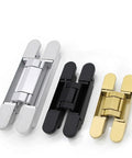 Hidden Cross Style Door Hinges with Silent Hydraulic Soft-Close in silver, black, and gold finishes, Heavy-Duty Hardware For Wooden And Aluminum Doors
