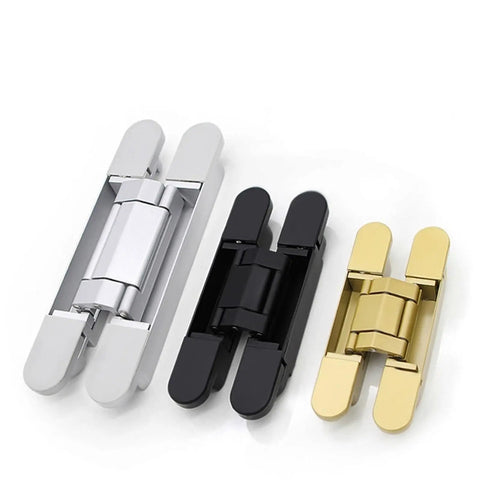 Hidden Cross Style Door Hinges with Silent Hydraulic Soft-Close in silver, black, and gold finishes, Heavy-Duty Hardware For Wooden And Aluminum Doors