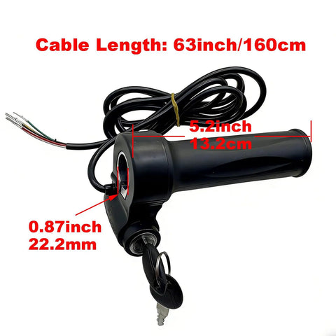 Full Twist Throttle With Key Ignition For E Bike 5 Pin Replacement Fits 12V To 72V Universal Voltage Easy Install On 22mm Handlebars with black grip and keys