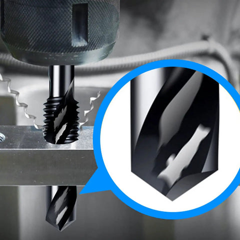 Close-up of Drill And Tap Bits Set Of Thirteen Pieces Three In One in use on metal, featuring sharp cutting edges.
