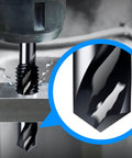 Do It All Drill Tap Countersink Bit Set For 6 32NC Threading In Soft Metal Wood And Plastic High Speed Steel With Anti Rust Blackened Coating One Quarter Inch Hex Shank Drills And Taps In One Pass visible close-up drilling metal